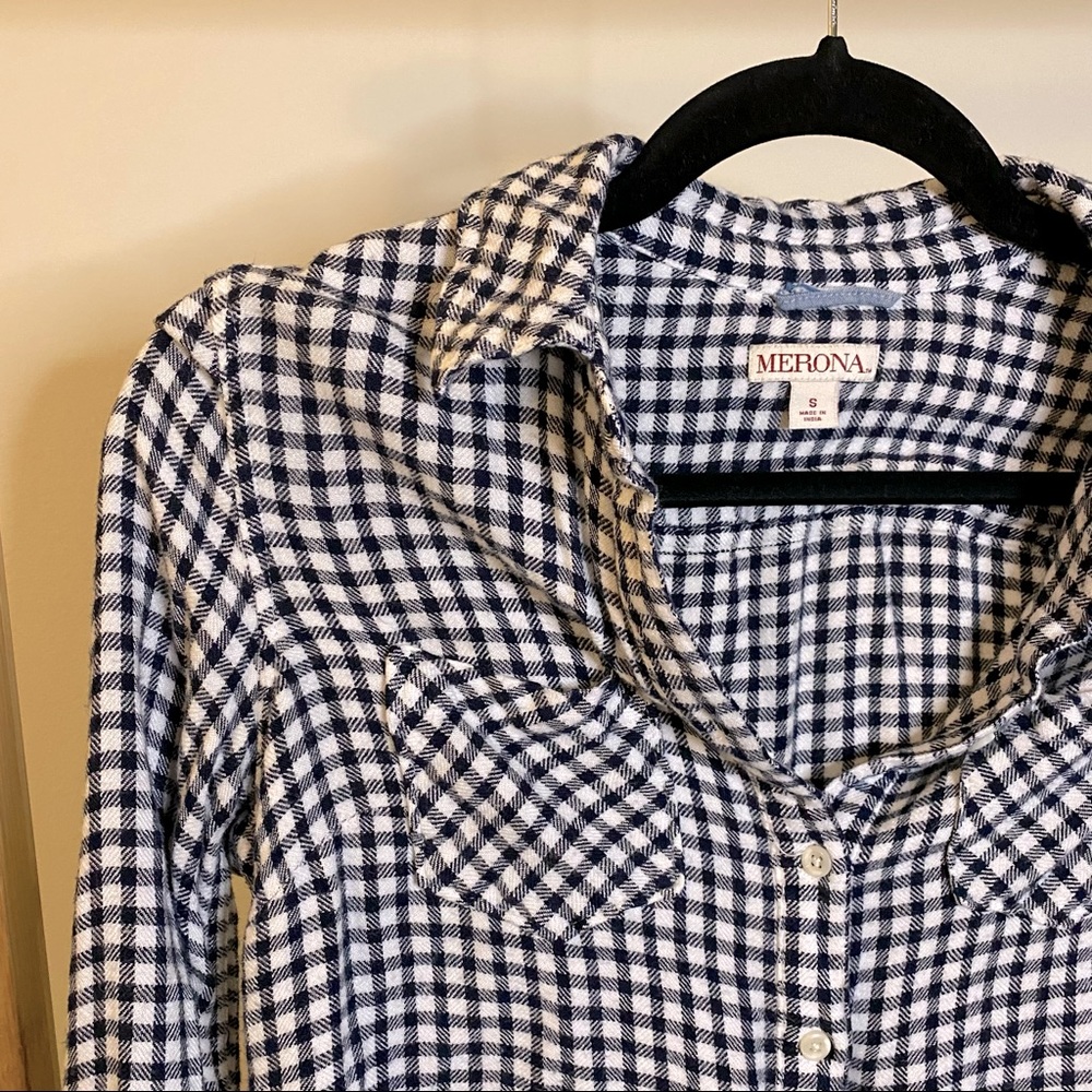 Merona Black and White Plaid Long Sleeve Top, Small, Half Button Front, Soft